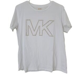 Michael Kors Basic White T-Shirt Gold Studded MK Print‎ Cotton Modal SZ:L